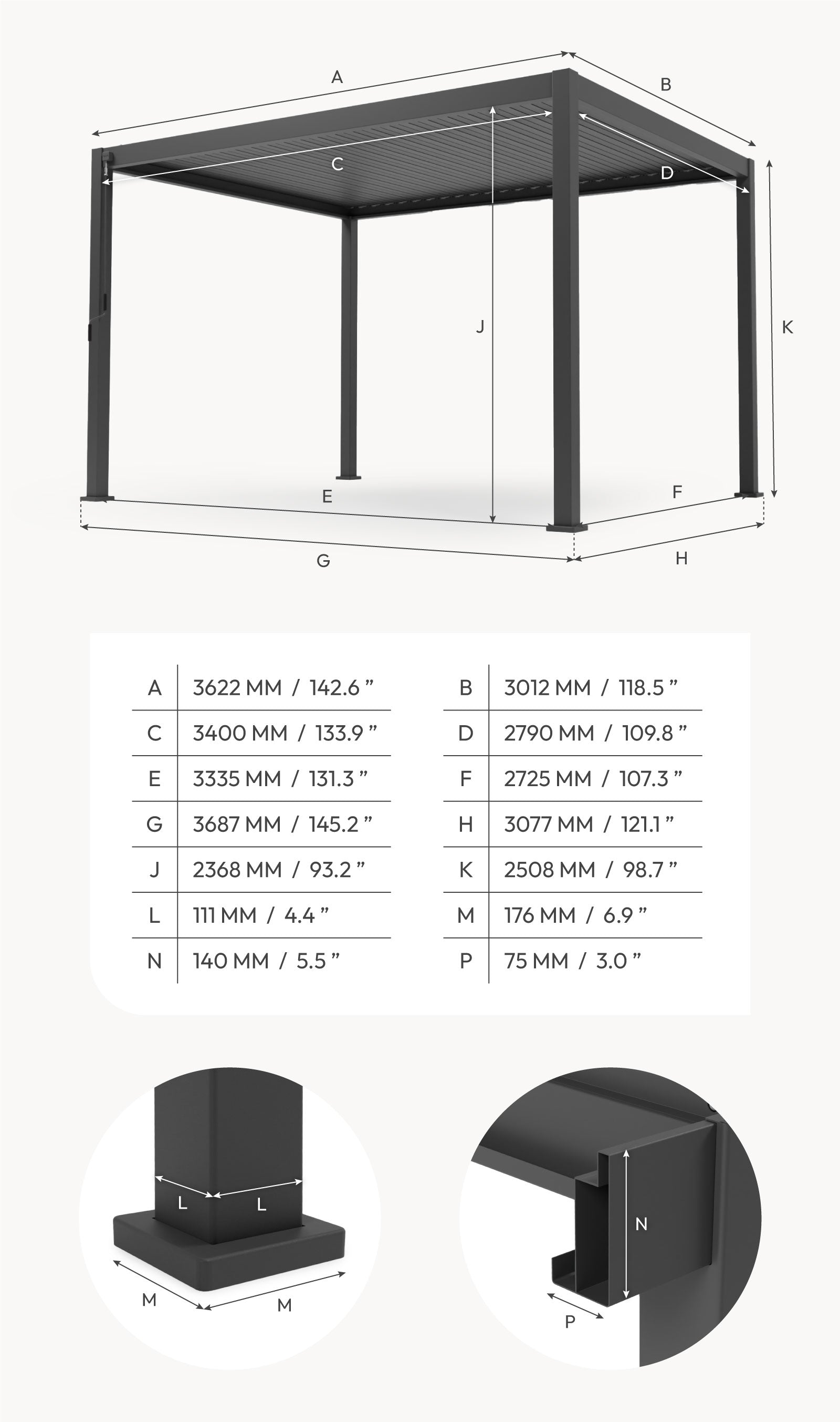 Aluminium 3.6m x 3m Pergola Grey - Titan By Nova