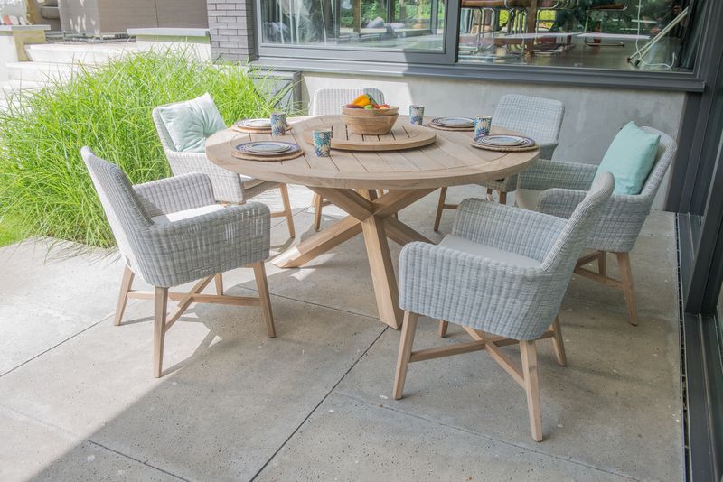 Lisboa 6 Seat Outdoor Dining with Louvre 160cm Round Teak Table & Lazy Susan | 4 Seasons Outdoor